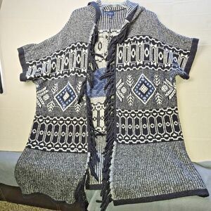 American Eagle Outfitters Blue, Black & White Hooded Long Cardigan One Size,